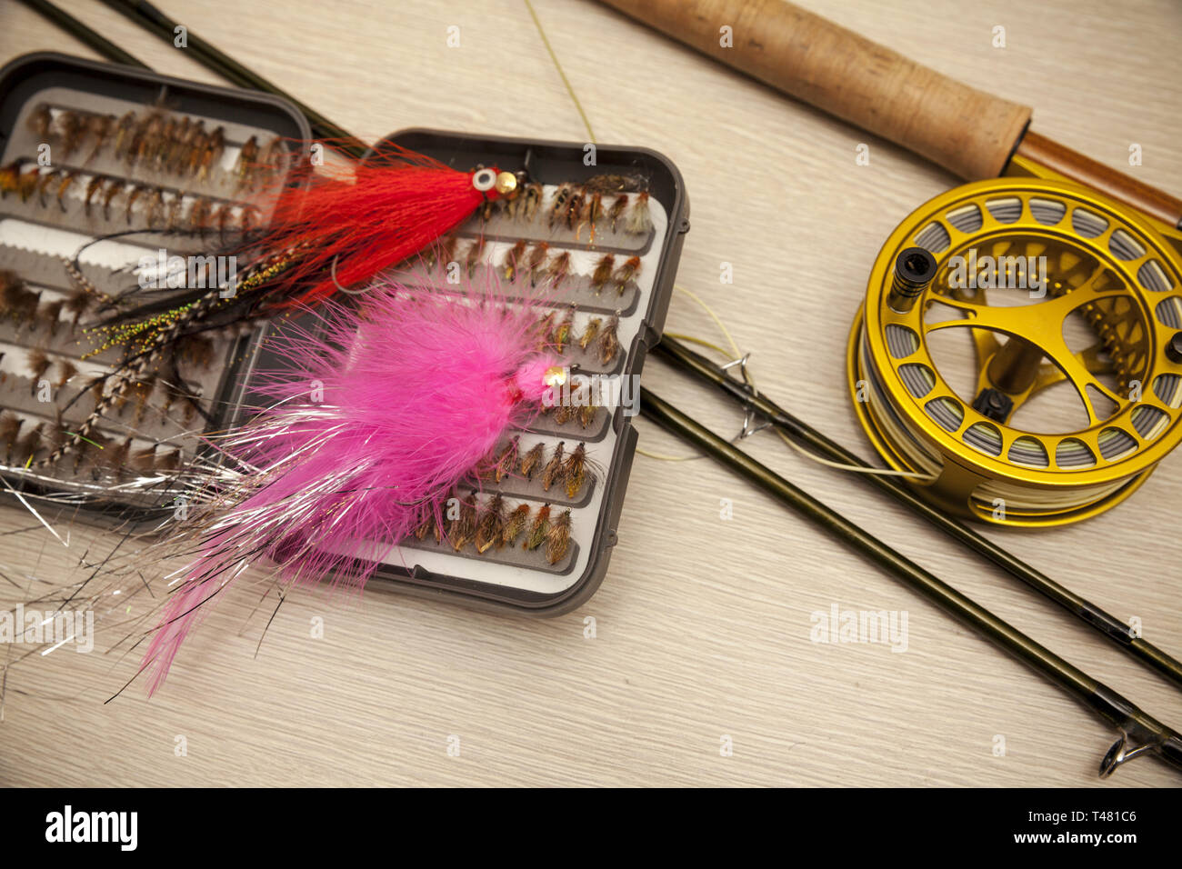 Fly fishing equipment, close up Stock Photo Alamy