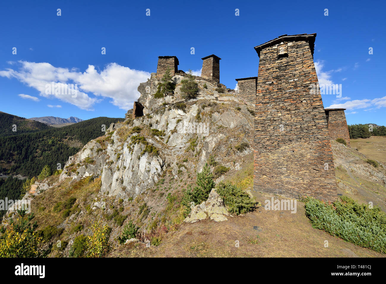 Omalo village, Tusheti region, Georgia. Defensive towers on the Caucasus trekking. Stock Photo