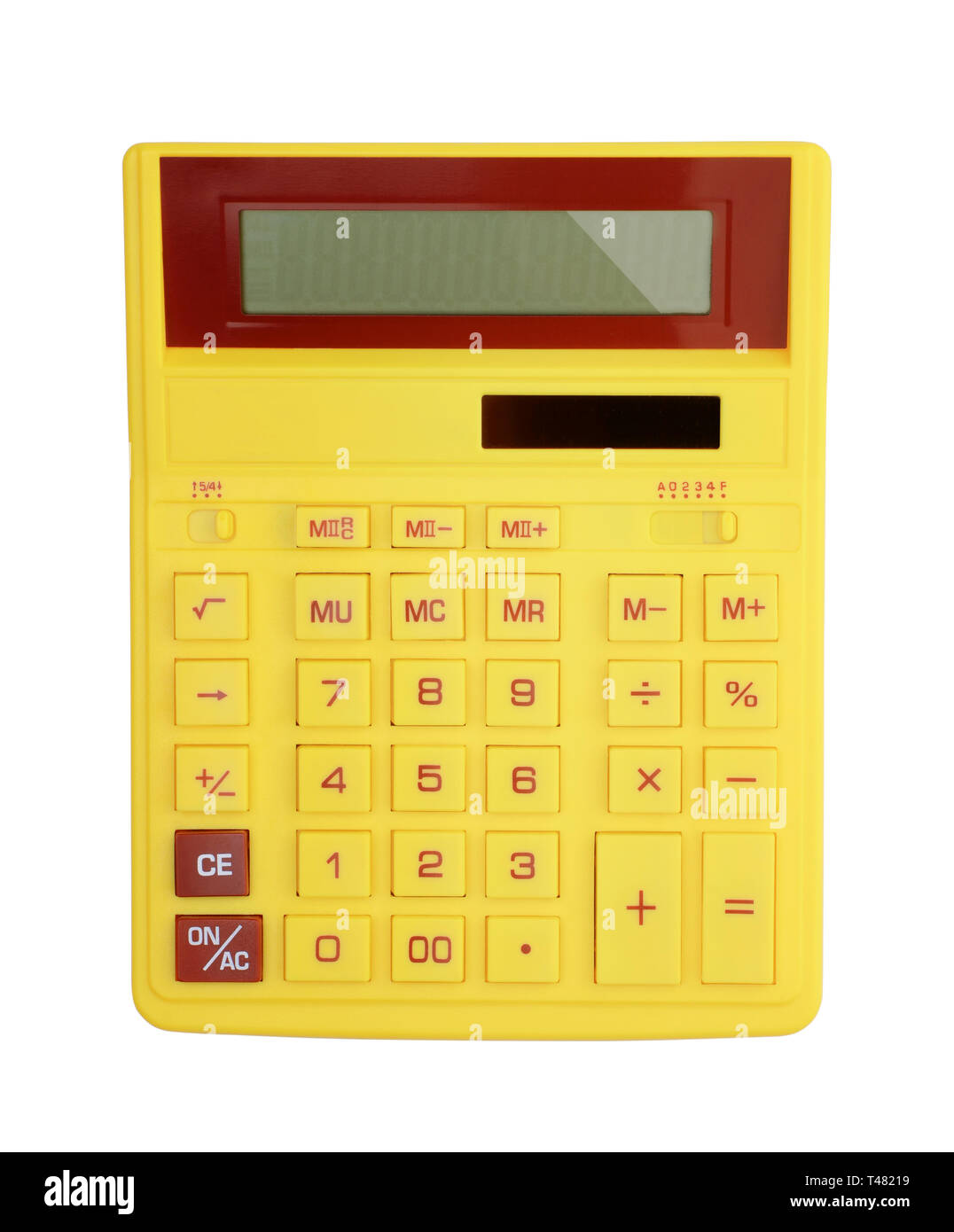 Top view of yellow calculator Isolated on white background Stock Photo