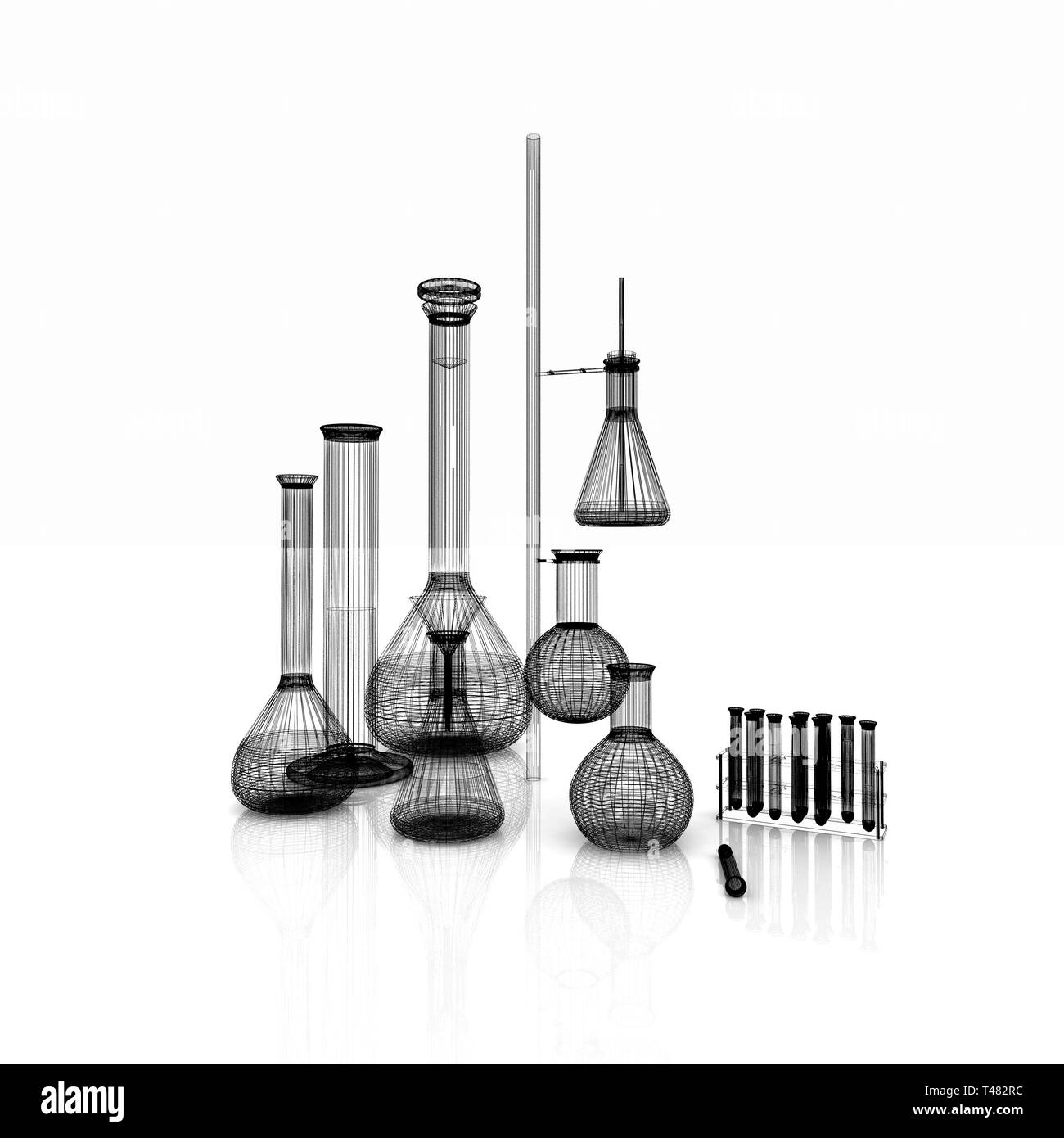 Chemistry set, with test tubes, and beakers filled with colored liquids