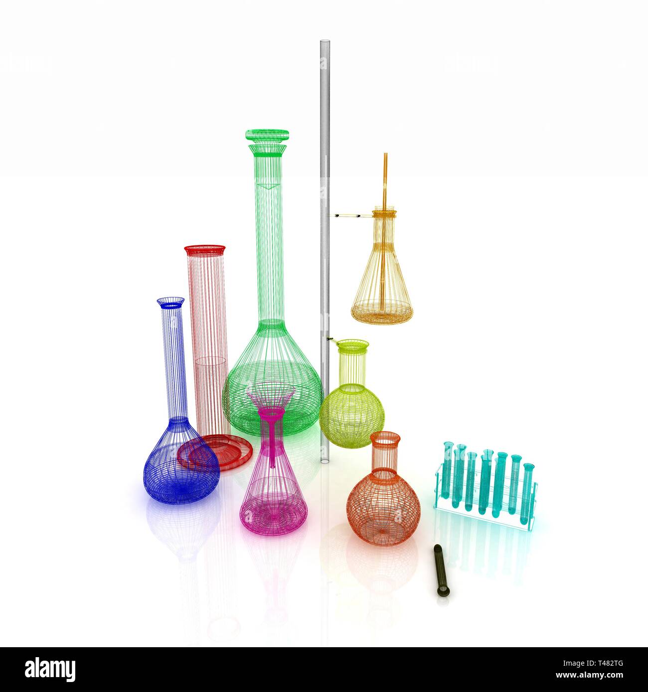 Chemistry set, with test tubes, and beakers filled with colored liquids