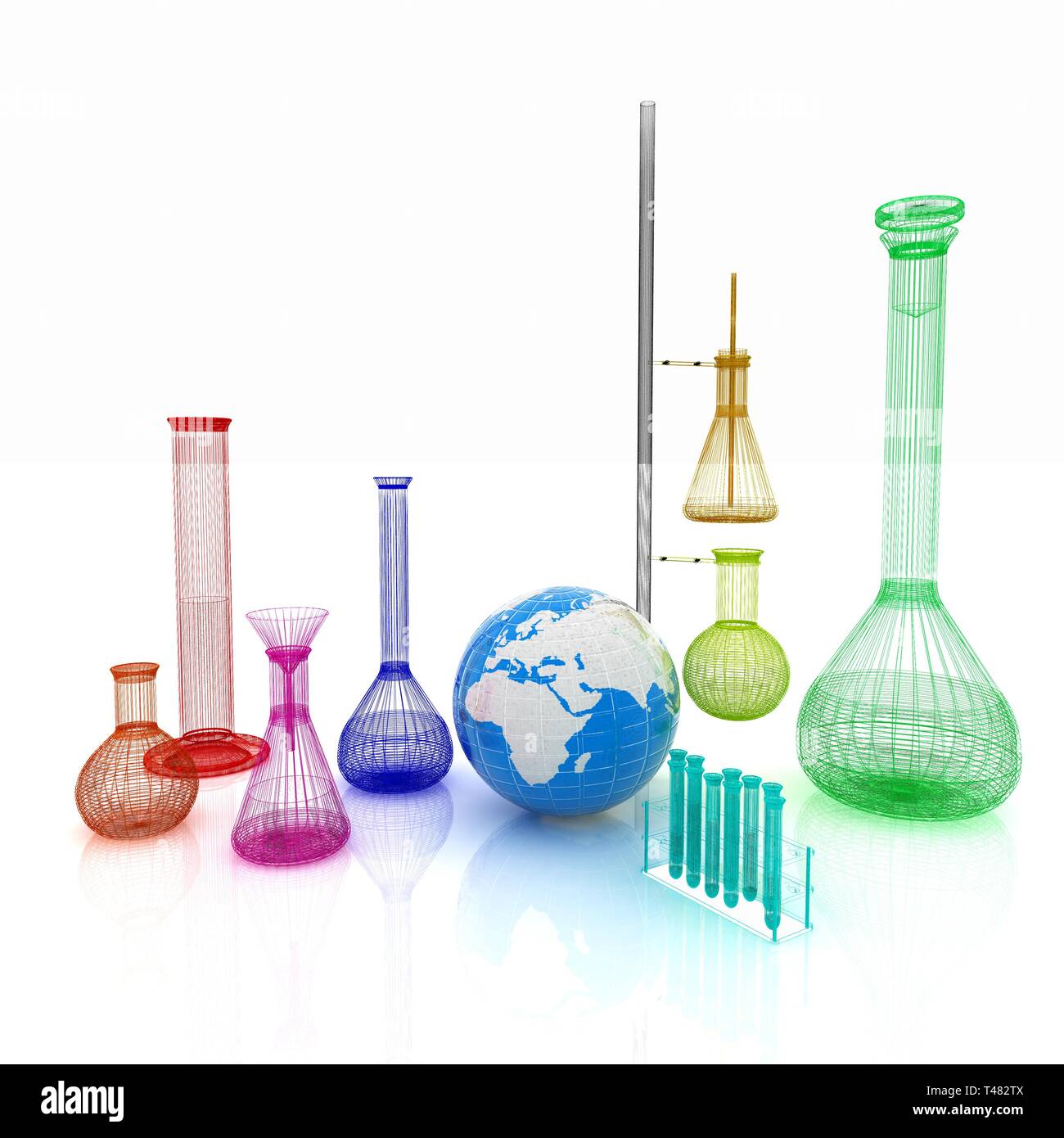 Chemistry set, with test tubes, and beakers filled with colored liquids and Earth Stock Photo
