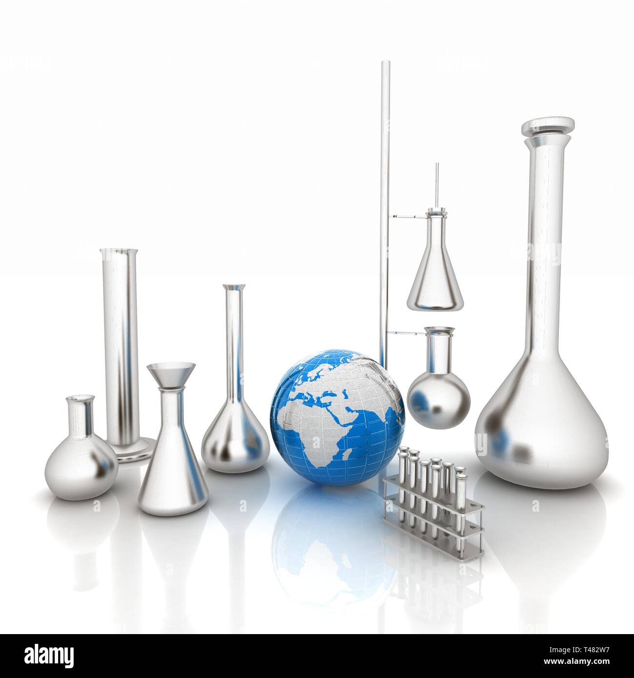Chemistry set, with test tubes, and beakers filled with colored liquids