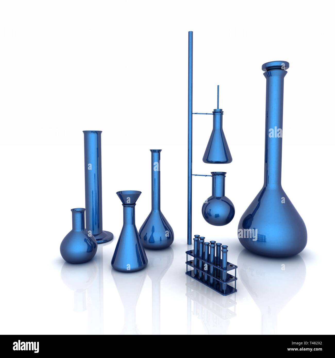 Chemistry set, with test tubes, and beakers filled with colored liquids