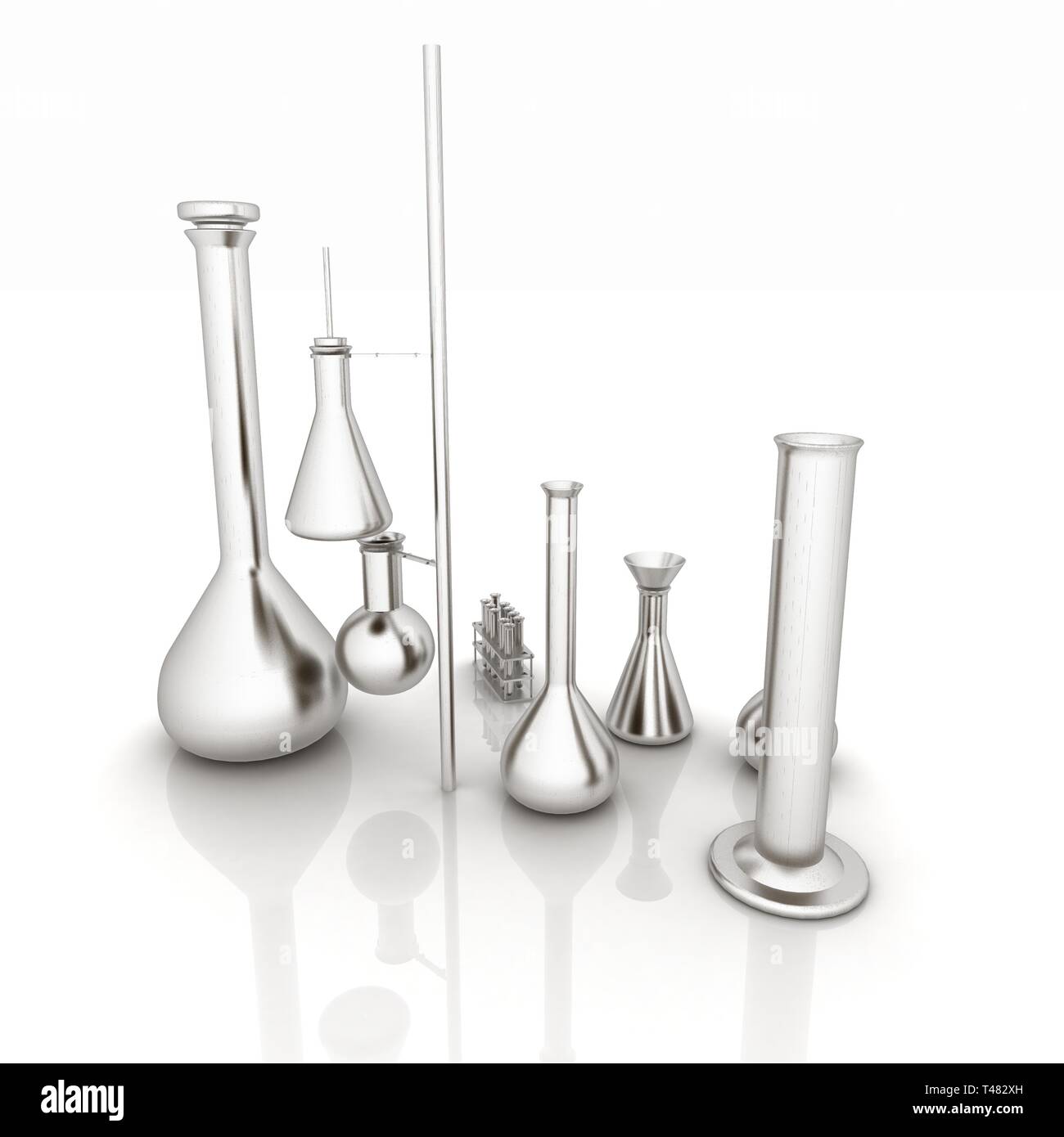 Chemistry set, with test tubes, and beakers filled with colored liquids