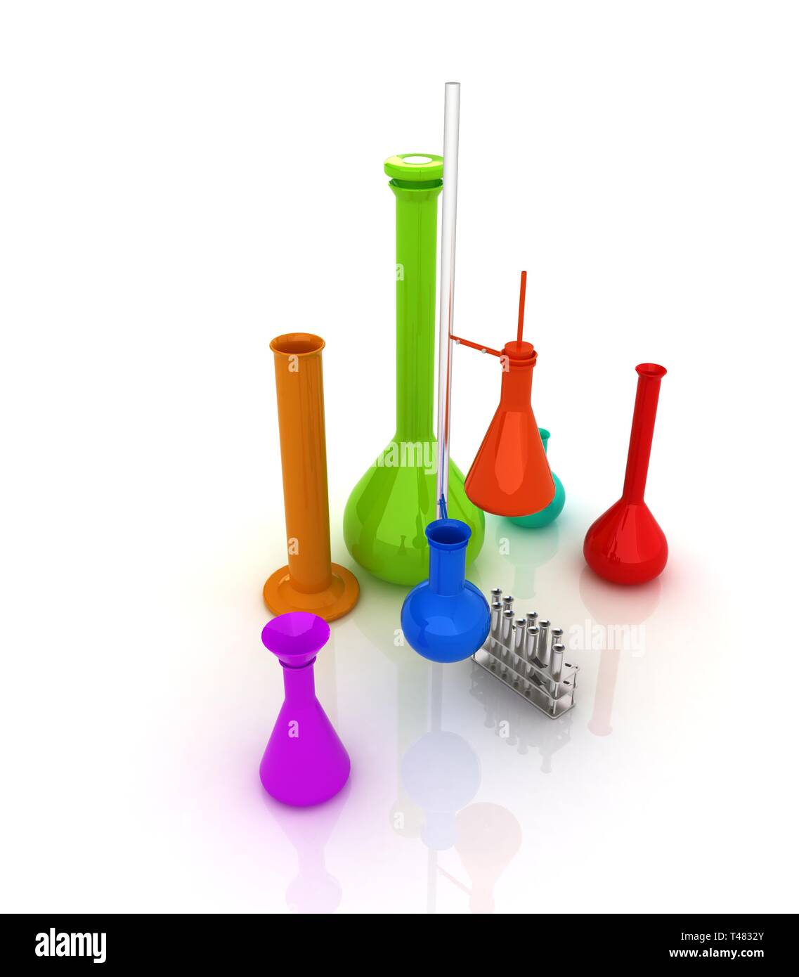 Chemistry set, with test tubes, and beakers filled with colored liquids