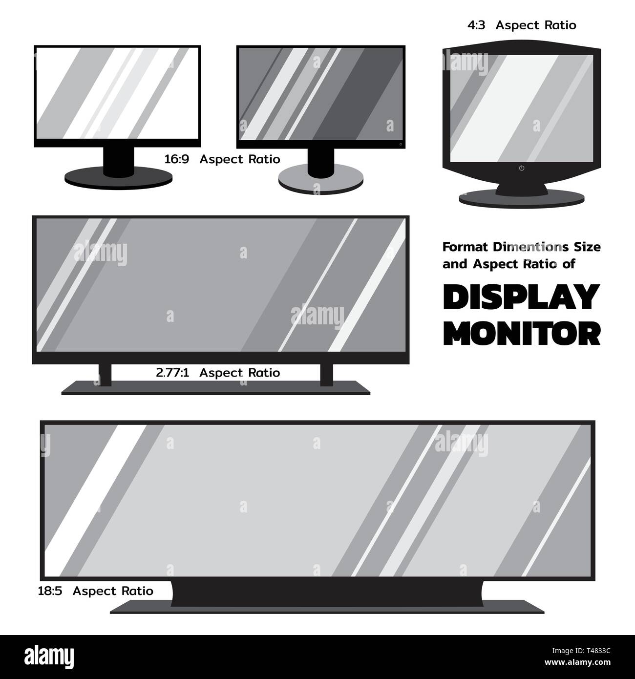 Format Dimentions size and aspect ratio of display monitors in monotone color, 2D flat design available for icons Stock Vector