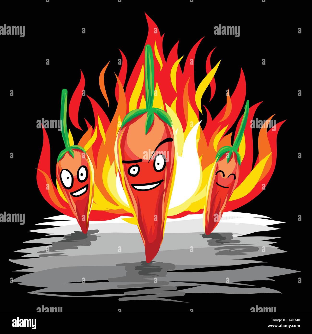 Chili peppers team standing with flame. Free style hand draw vector of red spicy chili and fire in black background Stock Vector
