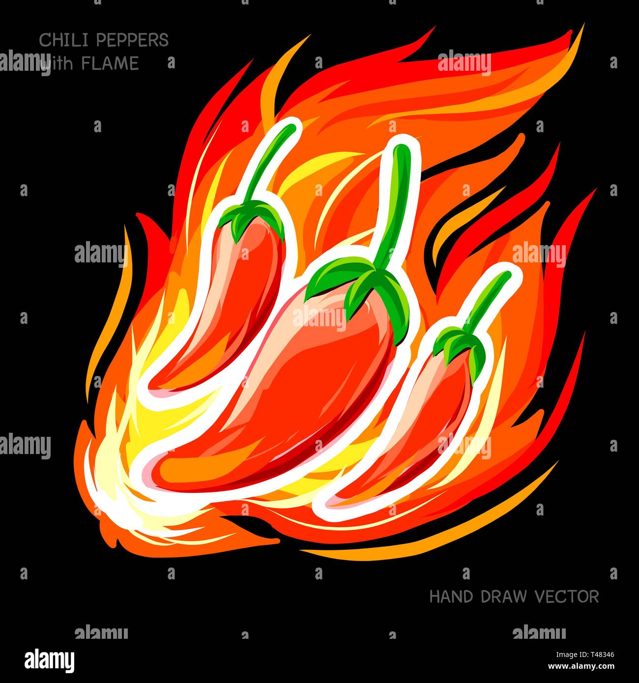 Chili peppers with flame Hand Drawing colors brush and white stroke