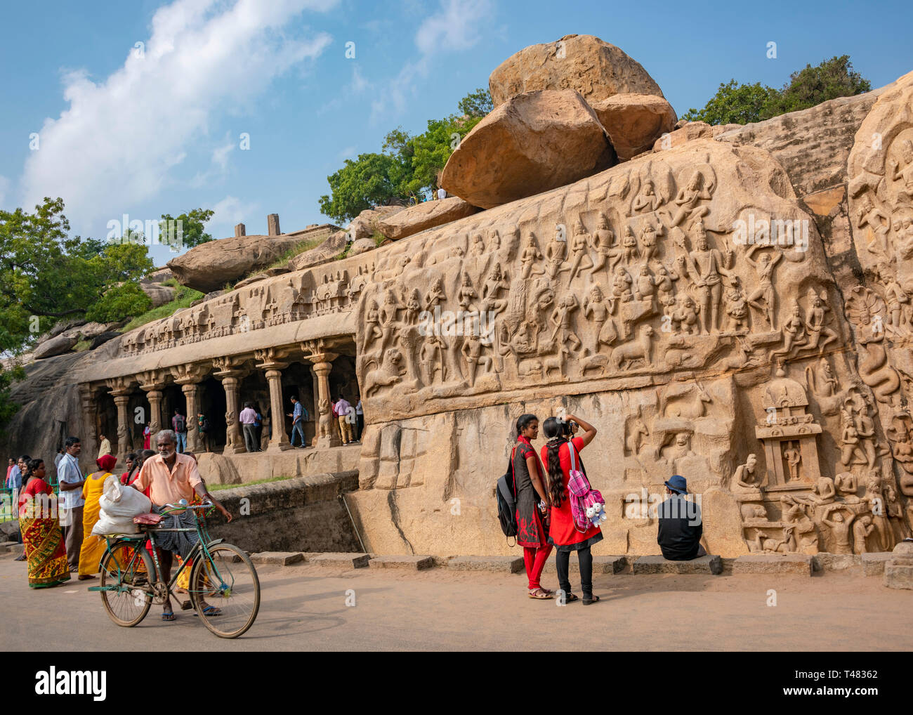 Horizontal view of the spectacular Arjuna's Penance at Mahabalipuram, India. Stock Photo