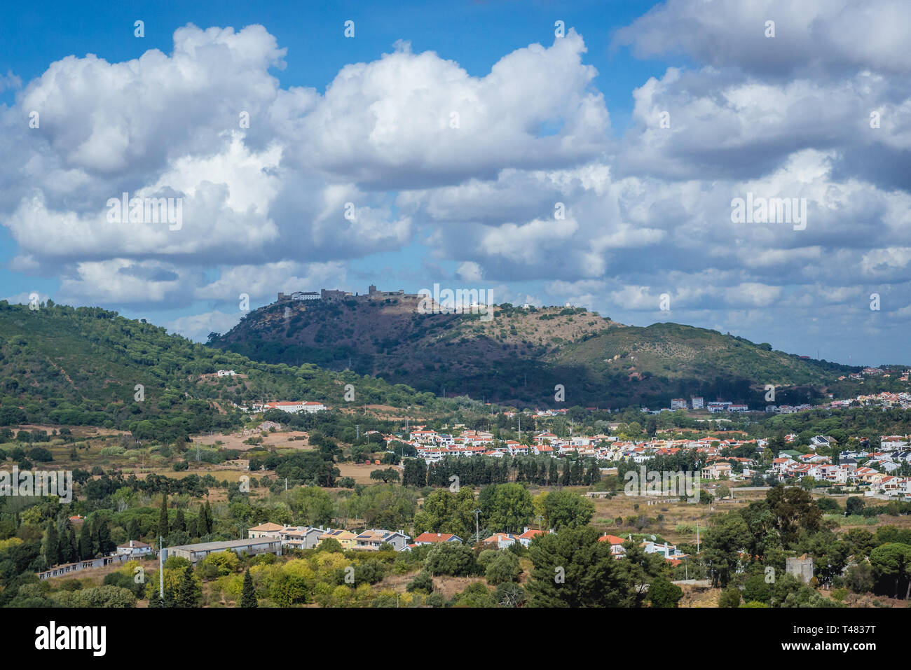 Aerial view of Setubal city in Portugal, hill with Castelo de Palmela on background Stock Photo