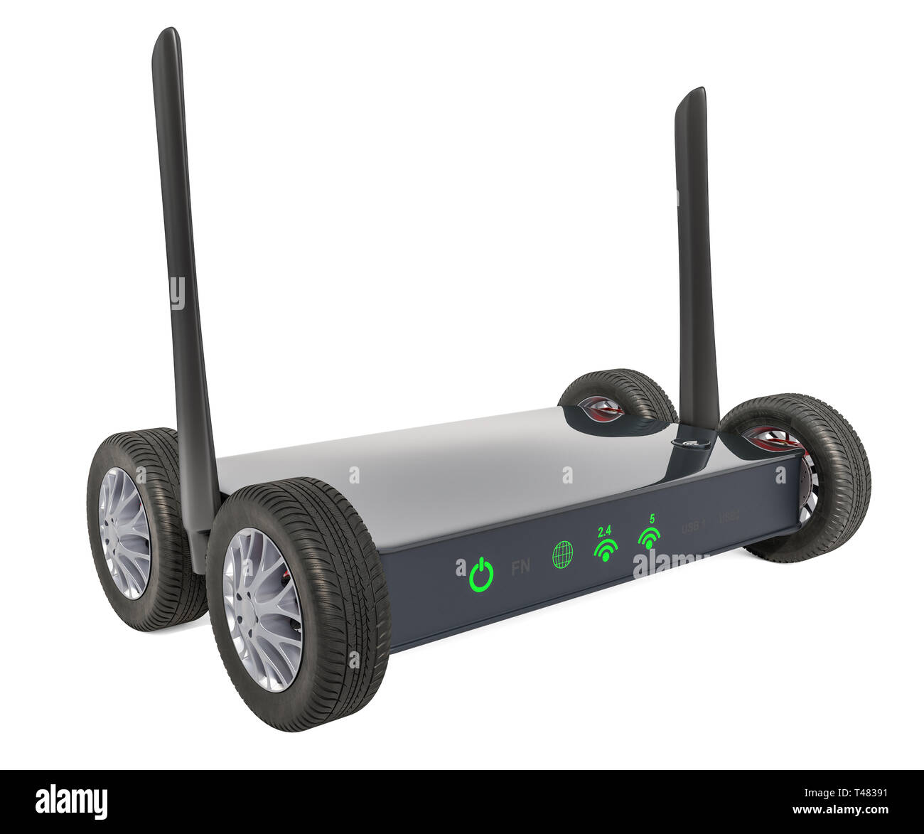 Wireless internet router with car wheels, 3D rendering isolated on ...