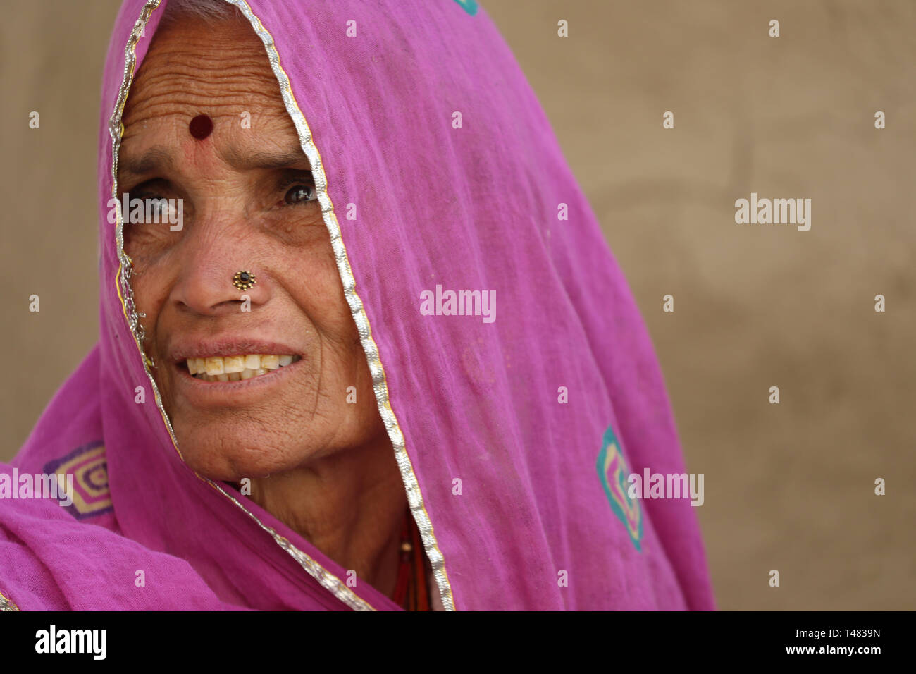 Portrait of a Woman with pink Sari ---- Indian traditional People Stock Photo