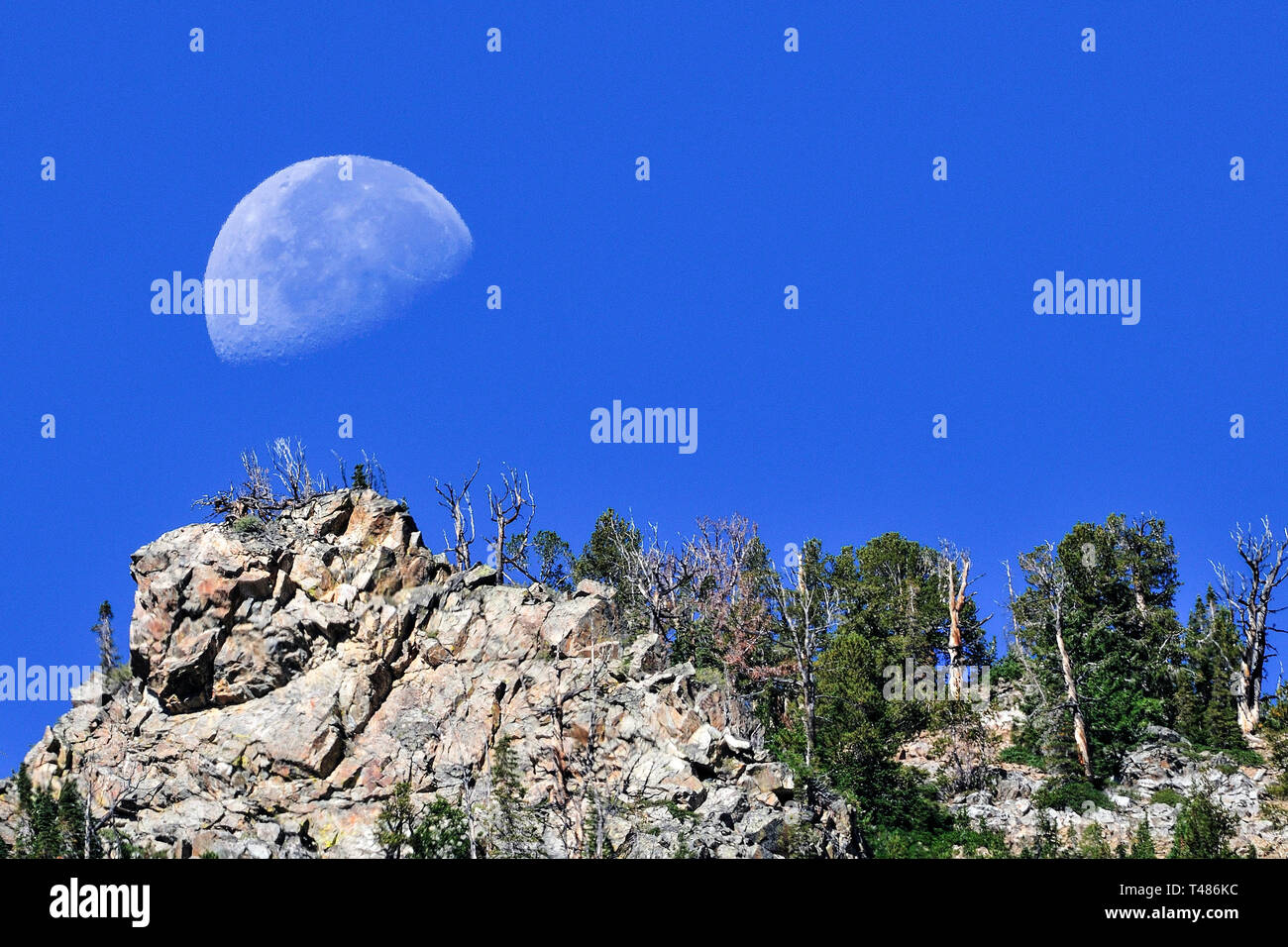 Half Moon Setting over rocky peak in daytime in Boulder Mountains, Idaho, USA, North America Stock Photo