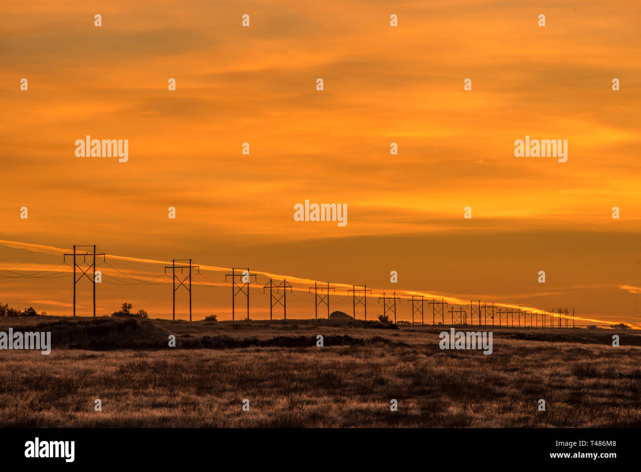Power lines and Sunrise, Twin Falls, Idaho, USA, North America Stock Photo