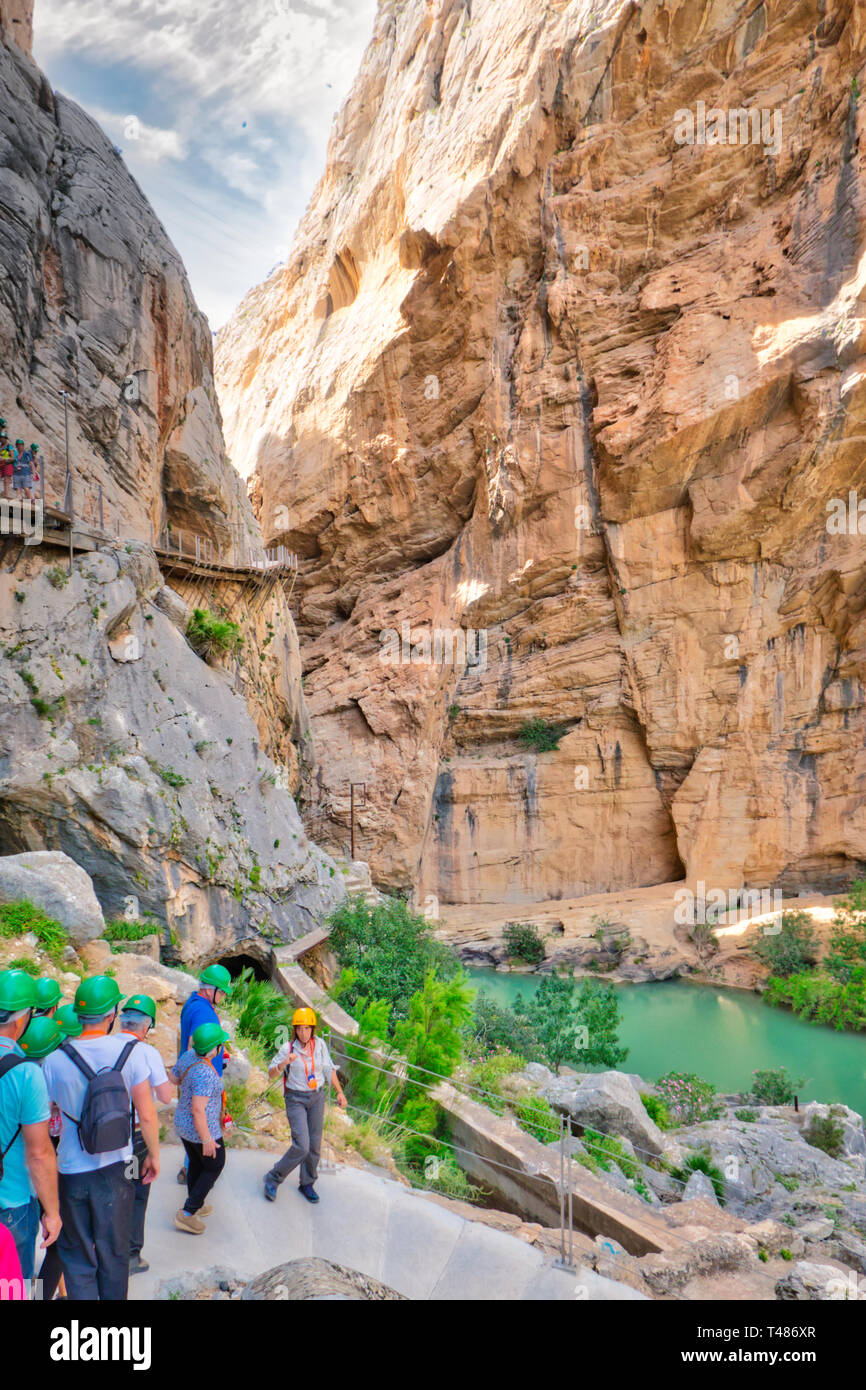 Caminito del Rey, Malaga, Spain - May 17, 2017: Walkers in the Caminito del Rey, a natural space with breathtaking landscapes Stock Photo