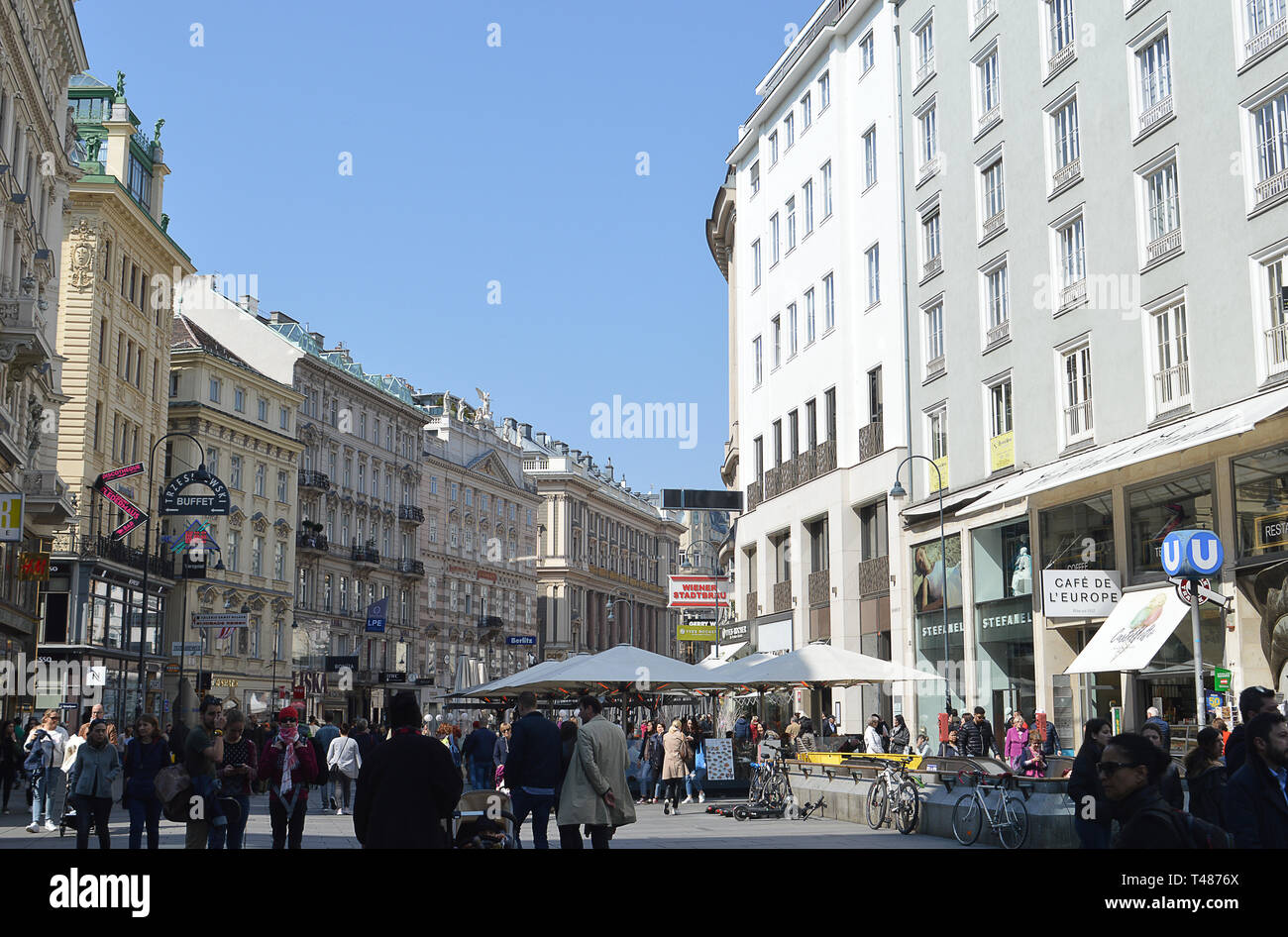VIENNA, AUSTRIA - 1 APRIL 2019: Dating back to Roman times, the Graben is one of Vienna's most famous streets offering cafes, restaurants and some of  Stock Photo