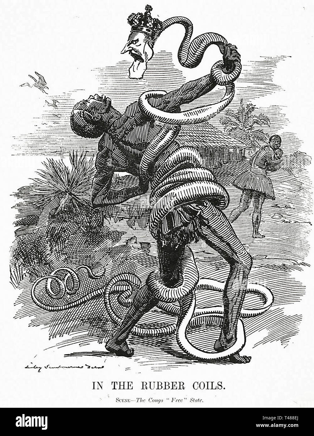 'In The Rubber Coils. Scene - The Congo 'Free' State' Linley Sambourne depicts King Leopold II of Belgium as a snake entangling a congolese rubber collector. Edward Linley Sambourne, 1906 Stock Photo
