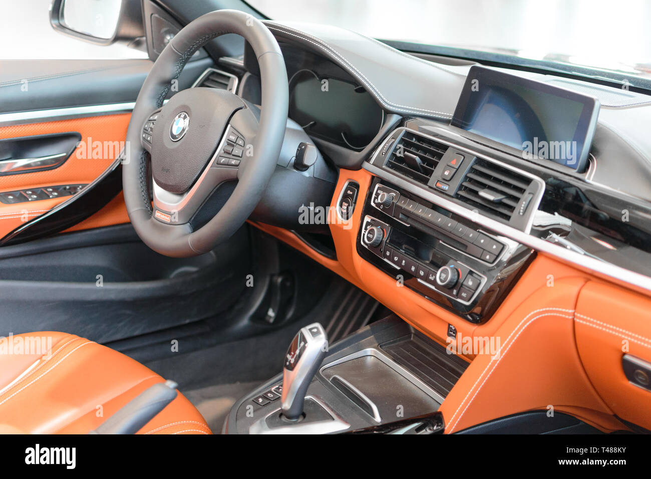 Munich, Germany - April 21, 2018: Interior of new flagship model BMW 7 Series full-size luxury sedan in executive G11/G12 sixth generation production Stock Photo