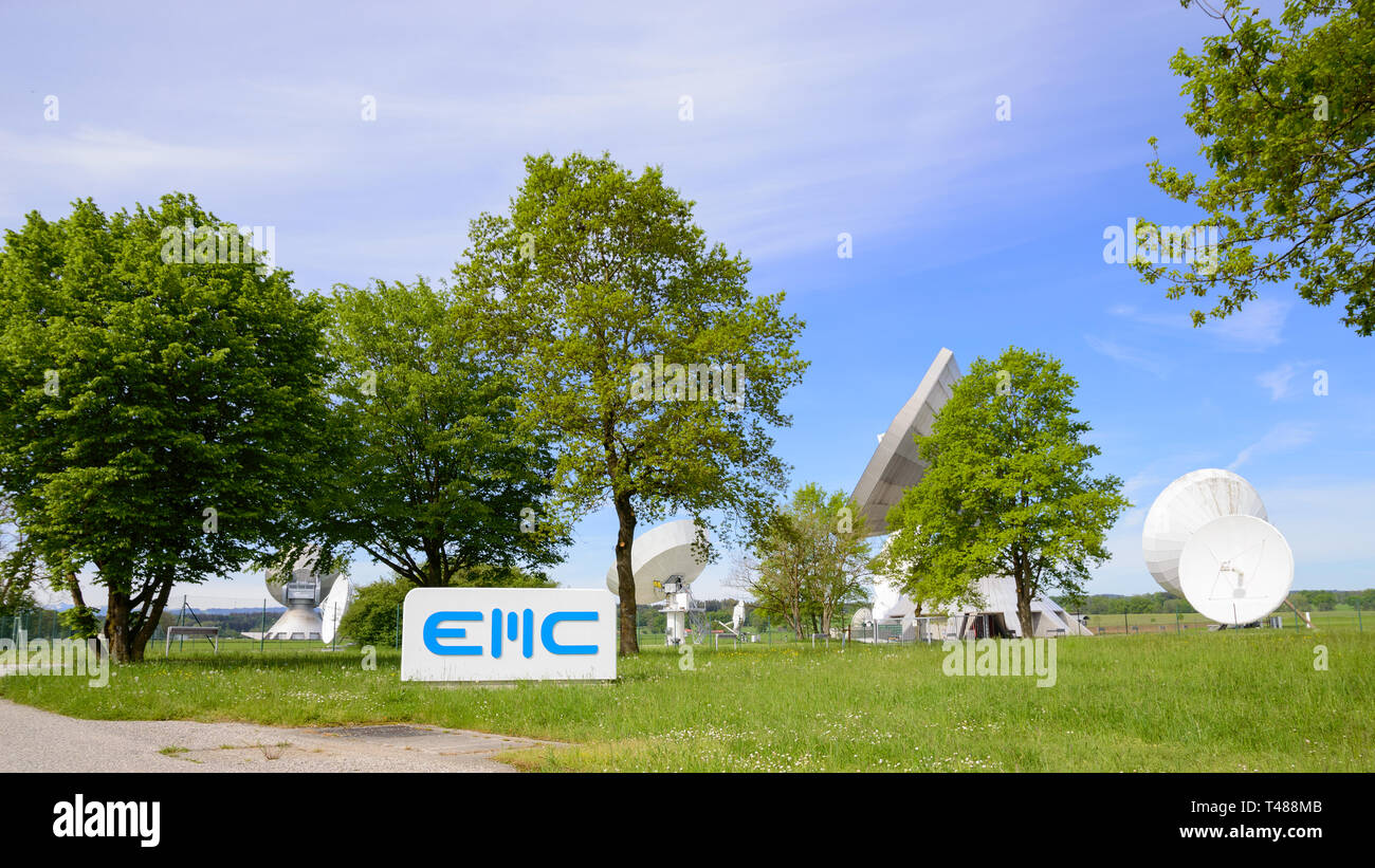 Raisting, Germany - May 21, 2016: EMC GmbH telecommunications company in Raisting satellite ground station - the largest space communications earth te Stock Photo