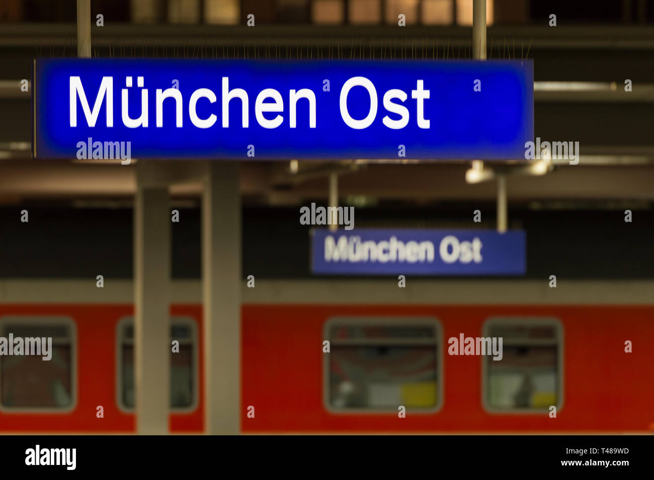 Munich, Germany - December 27, 2017: MÃ¼nchen Ost or Ostbahnhof luminous sign on Munich eastern railway station Stock Photo