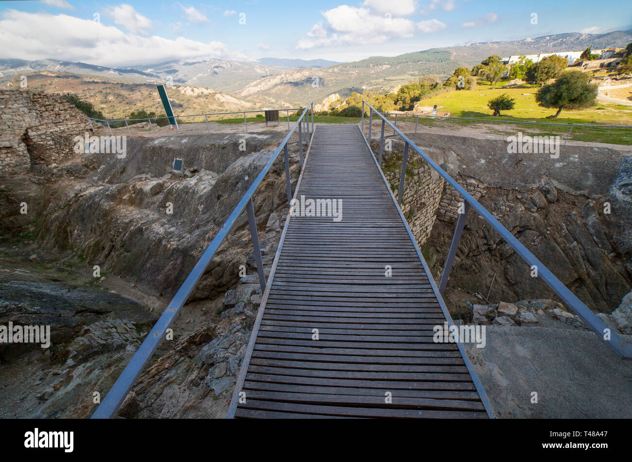 Castle of Jimena de la Frontera, Cadiz, Spain. Christian Alcazar moat footbridge Stock Photo