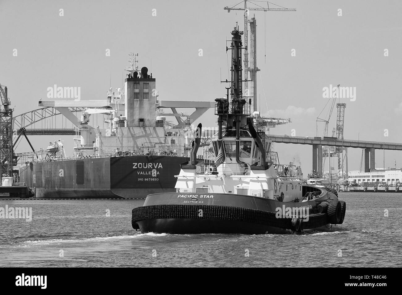 Black And White Photo Of The FOSS MARITIME Tugboat, PACIFIC STAR, In The Port Of Long Beach, California, USA. Stock Photo