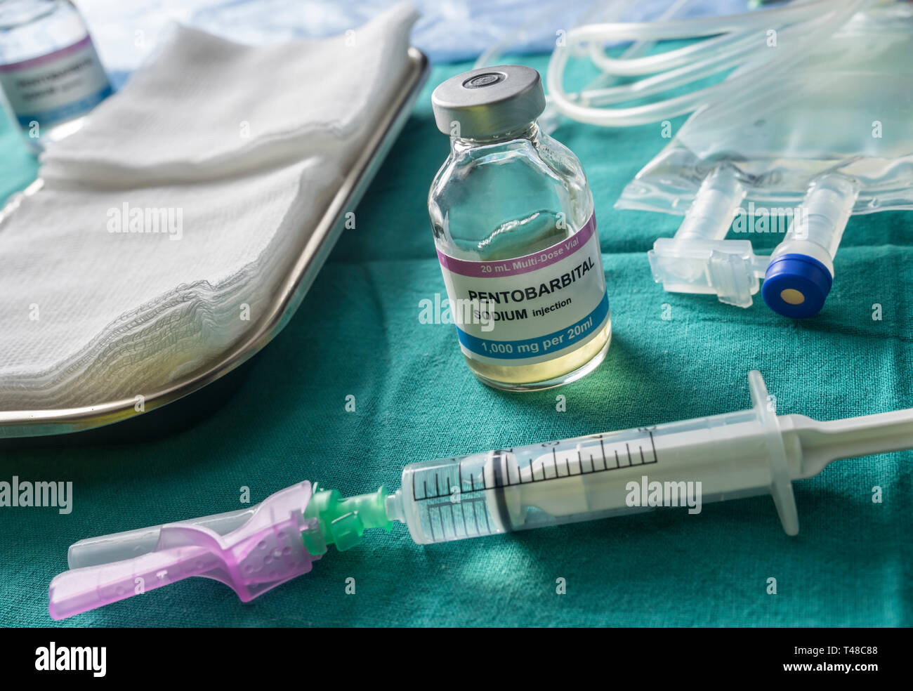 Vials with Sodium pentobarbital used for euthanasia and lethal inyecion in a hospital, conceptual image Stock Photo