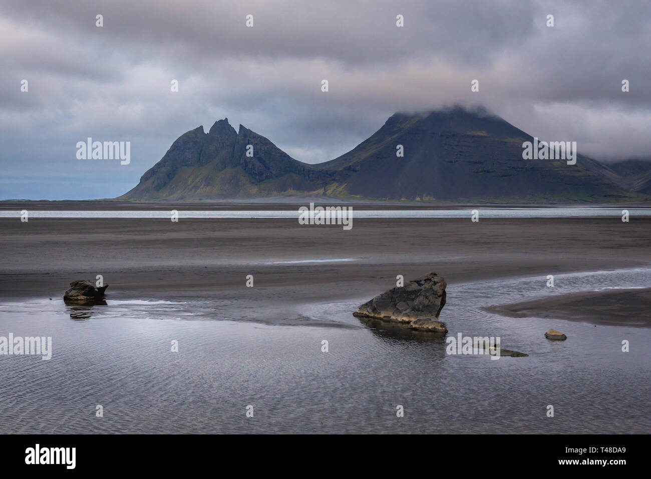 Brunnhorn and Kambhorn mountains on the Atlantic coast in the east part of Iceland Stock Photo