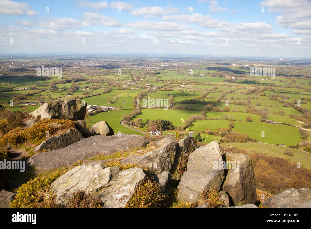 The Cheshire plain and surrounding  countryside seen from  Bosley cloud or Cloud end near Congleton Cheshire England Stock Photo