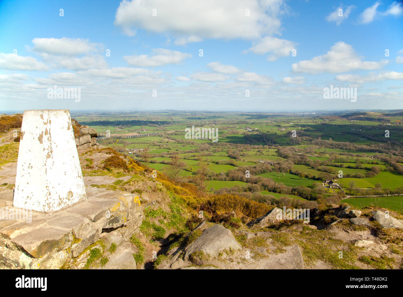 The Cheshire plain and surrounding  countryside seen from the trig point on Bosley cloud or Cloud end near Congleton Cheshire England Stock Photo