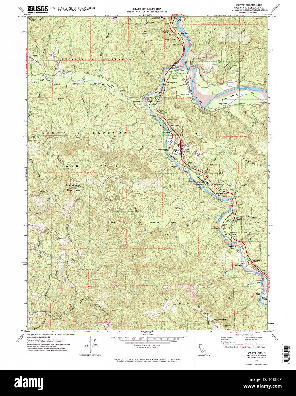 USGS TOPO Map California CA Weott 102418 1969 24000 Restoration Stock Photo
