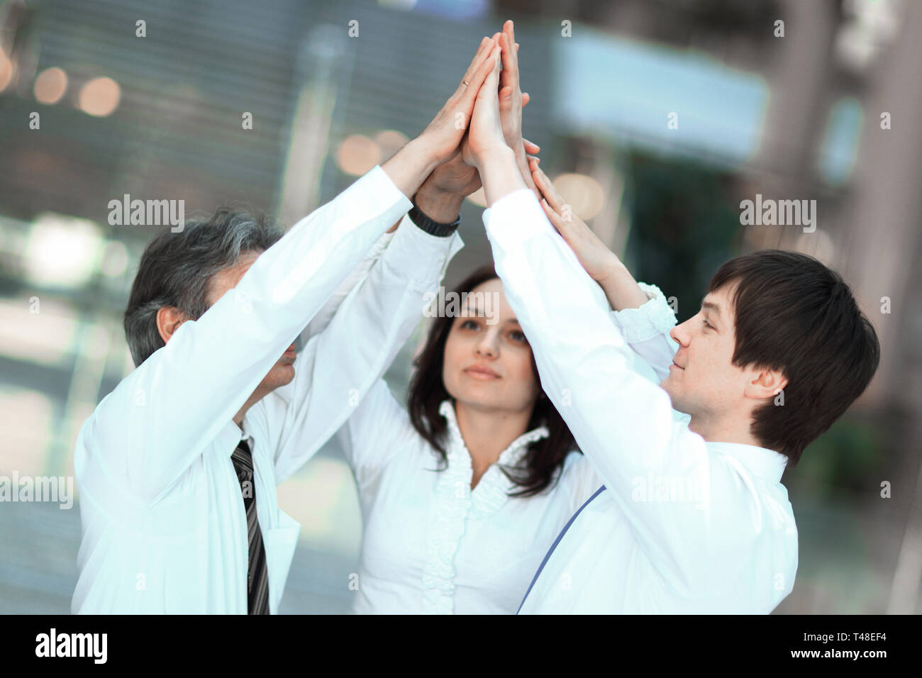 Colleagues Giving High-Five Celebrating Business Success Standing In Office  Stock Photo by ©Milkos 381522740