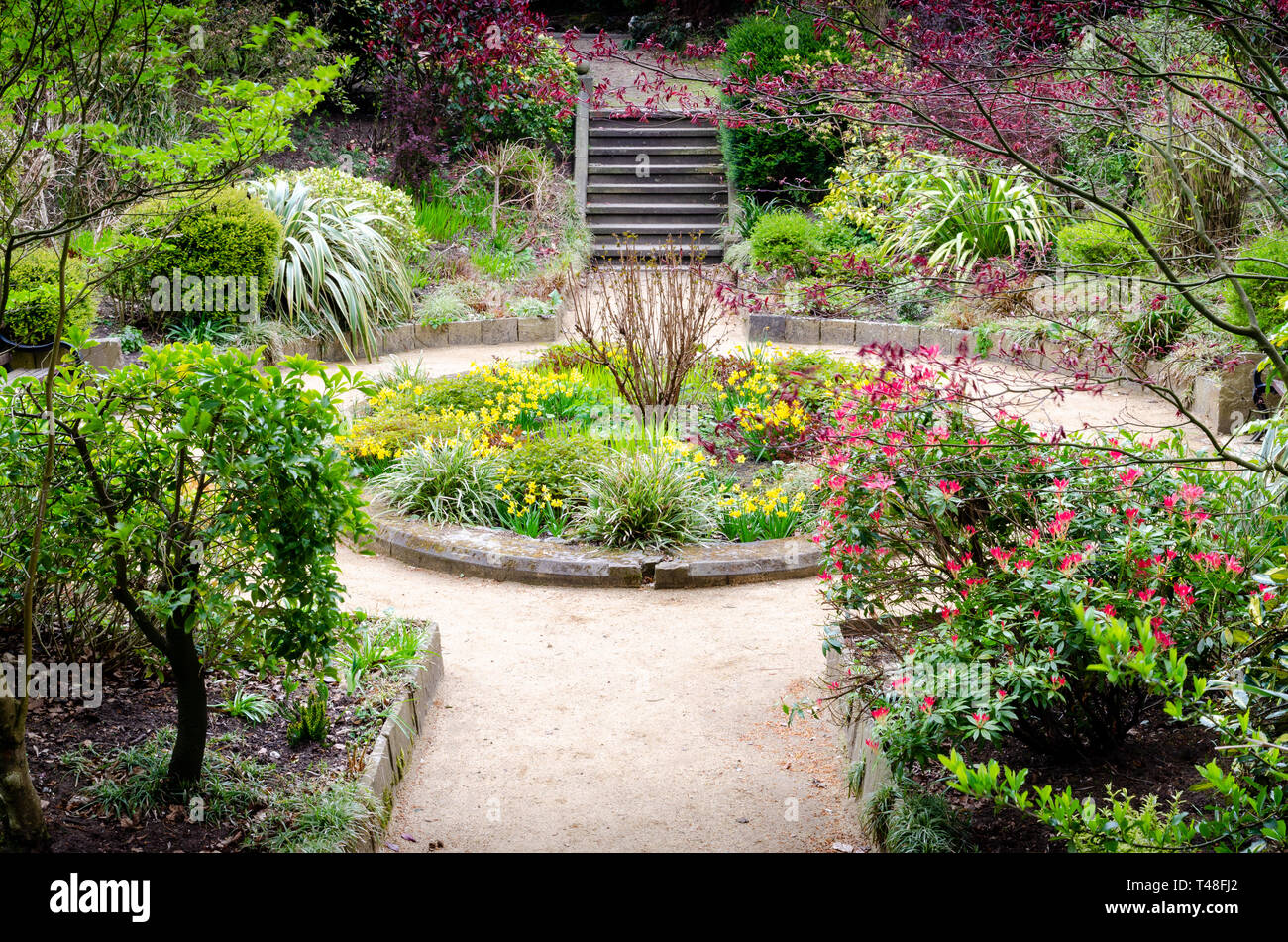 Denzell Gardens and House.  Built by Robert Scott, this house in Bowden, Altrincham features an ornamental pond, vines, orchids, and a sunken garden. Stock Photo
