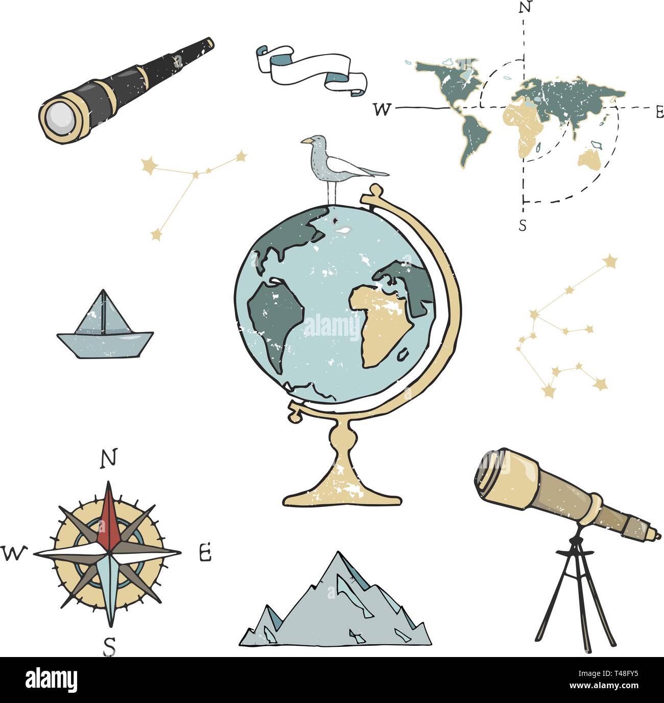 Globe, maps, compass and others school subjects. School and study