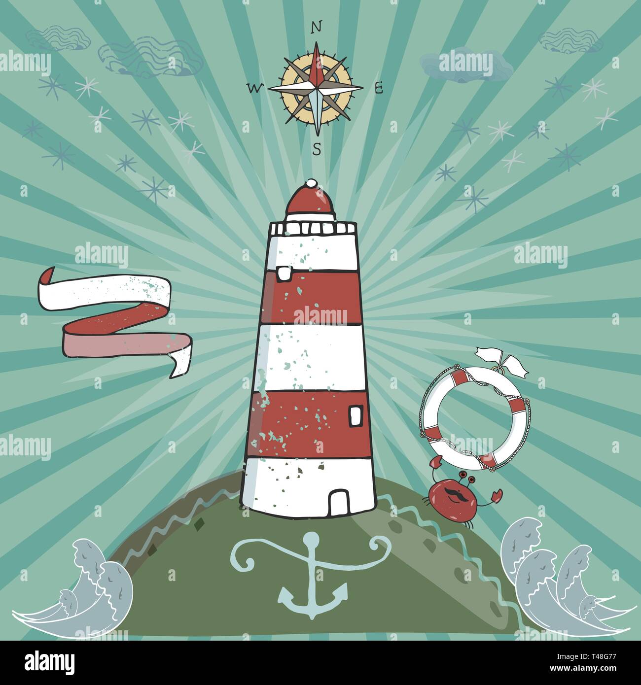 Vector cartoon illustration with waves and mountains. lighthouse on the rocks, sea landscape with blue sky. Stock Vector