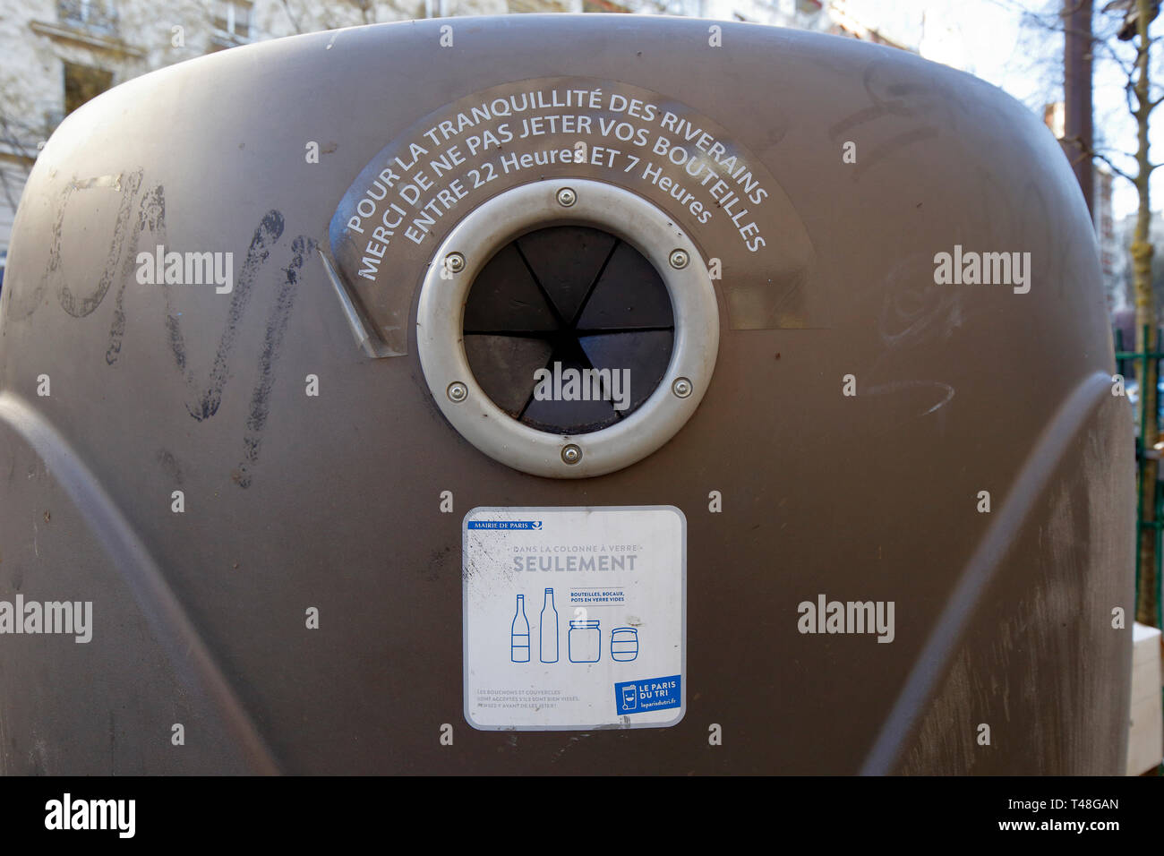The top of a glass bottle recycling bin in Paris, France Stock Photo