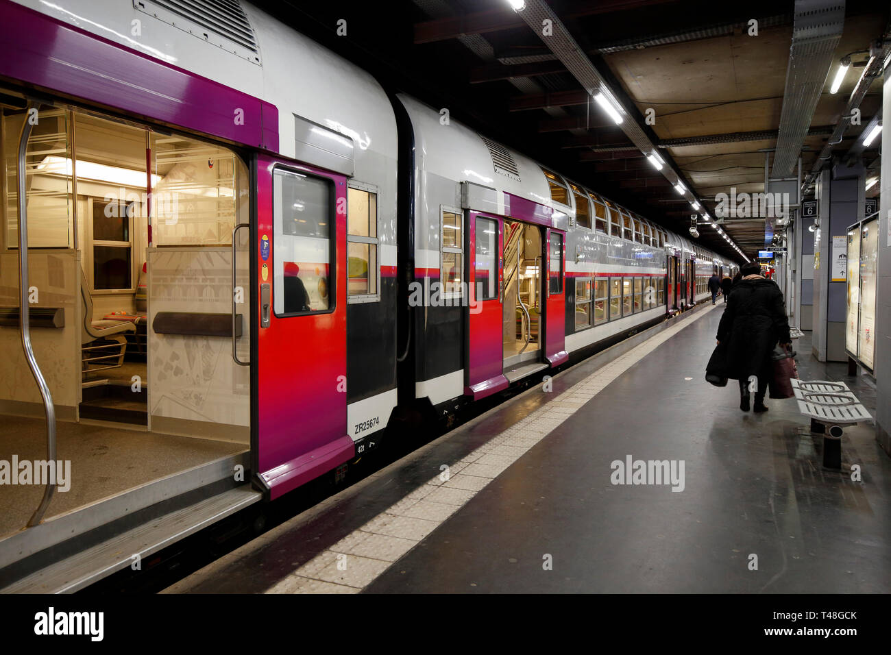 A SCNF Transilien suburban train at Paris RER station 'Invalide', Paris, France Stock Photo