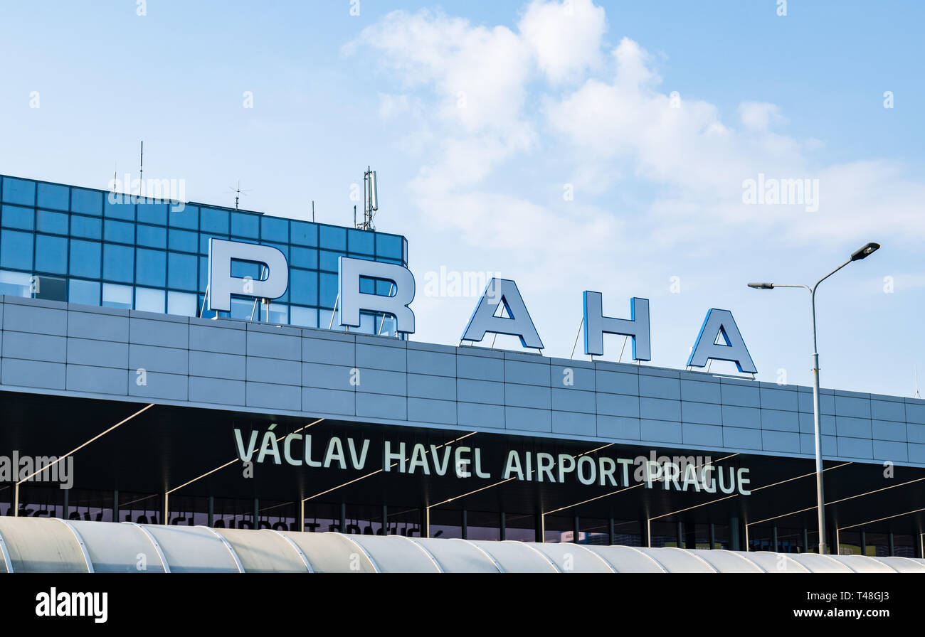 Prague International Airport - Terminal 1 - Sign and Logo - Taken on a bright sunny day in 2019 Stock Photo