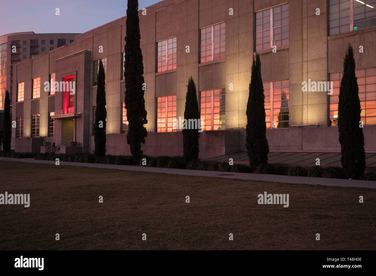 Sunset at the Seaholm Power Plant in Austin, Texas Stock Photo