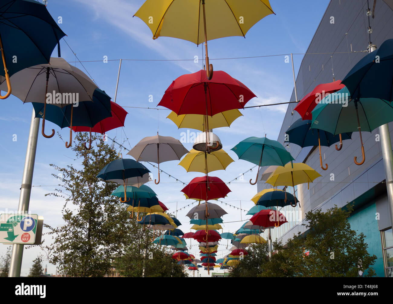 Umbrella public art installation on Aldrich Street in Austin, Texas