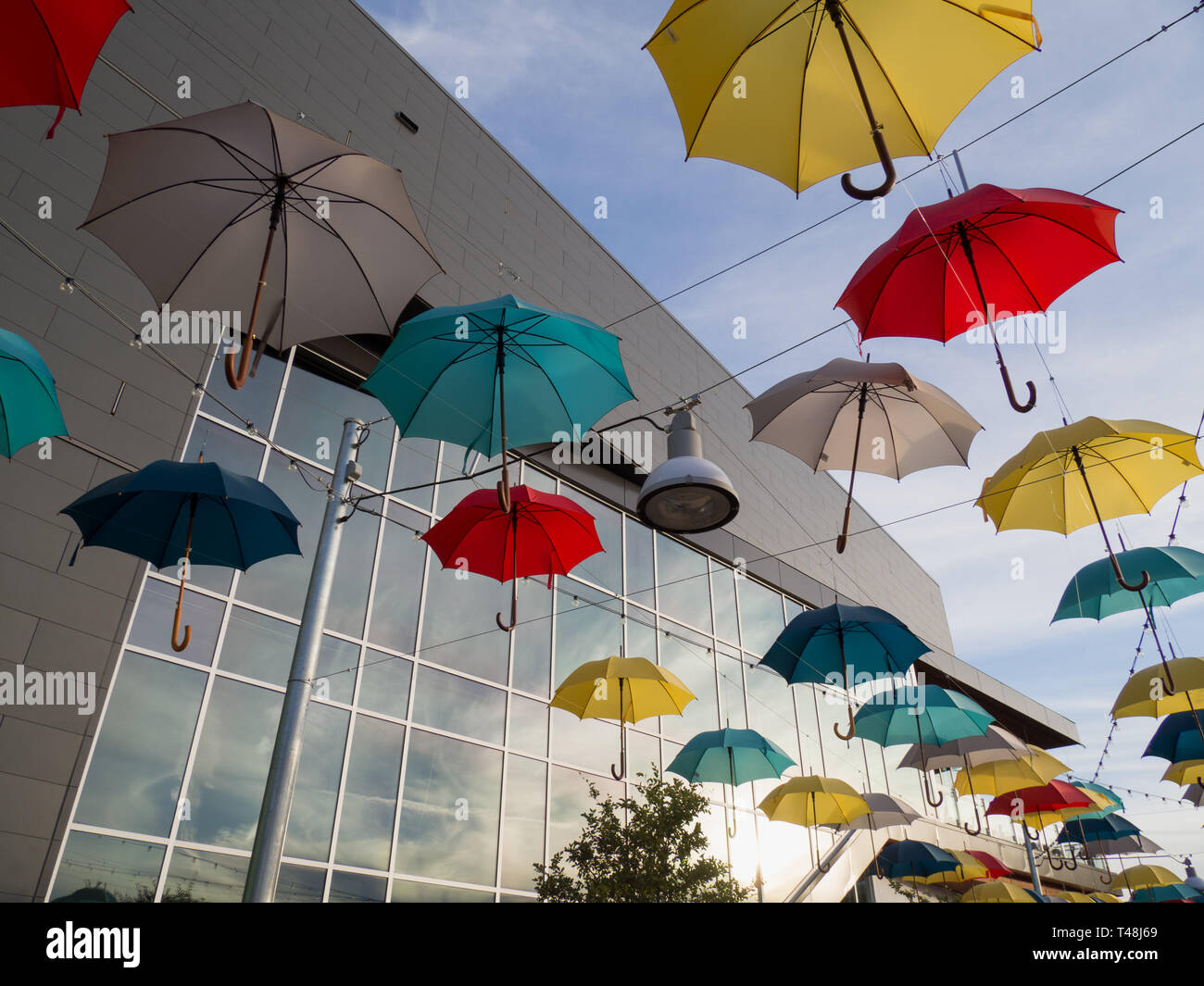 Umbrella public art installation on Aldrich Street in Austin, Texas