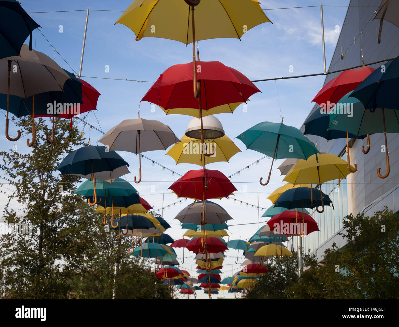 Umbrella public art installation on Aldrich Street in Austin, Texas Stock Photo