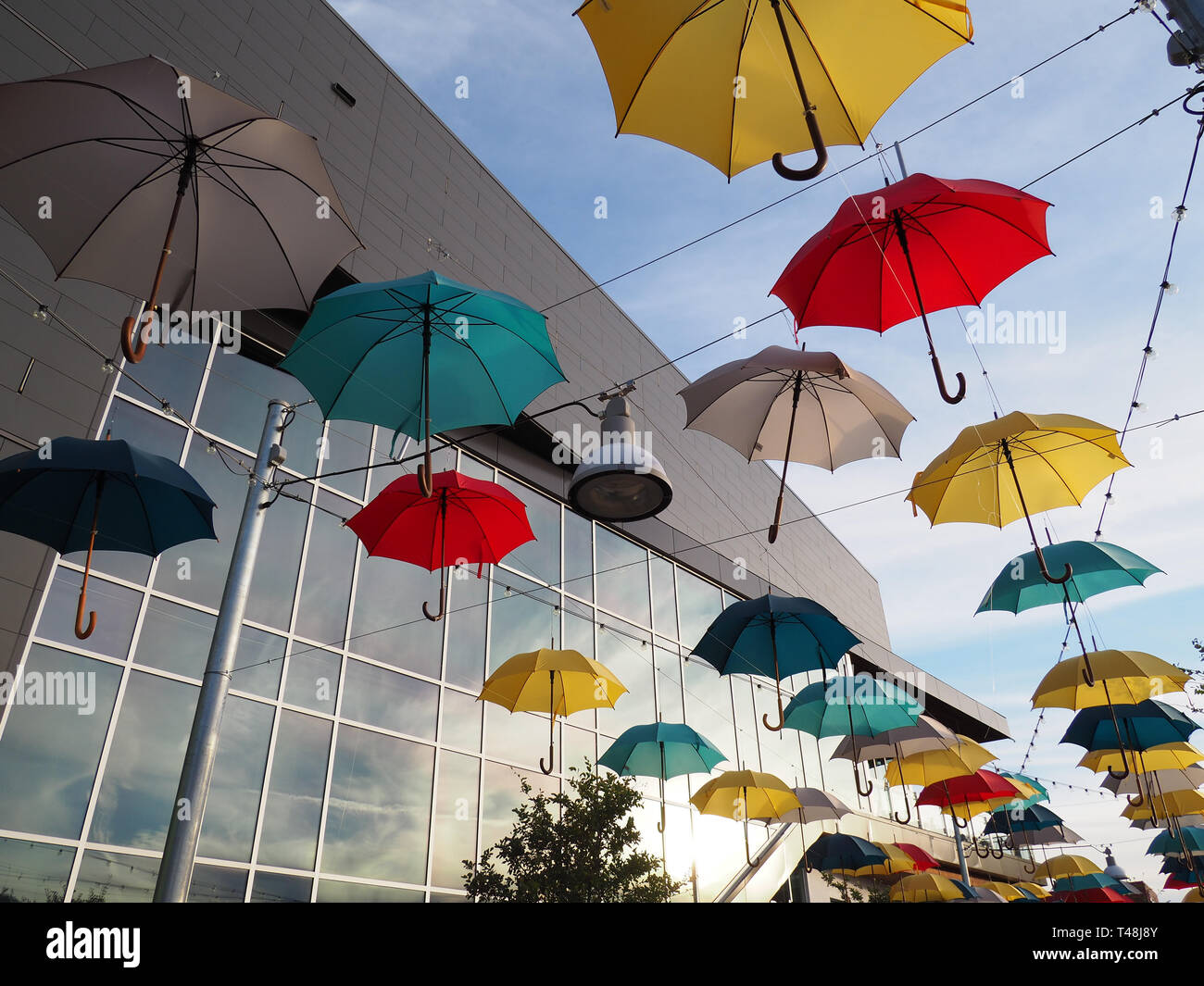 Umbrella public art installation on Aldrich Street in Austin, Texas Stock Photo
