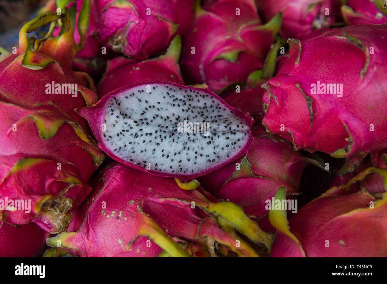 Pitaya fruits (Hylocereus undatus) on market, Roura, French Guiana Stock Photo