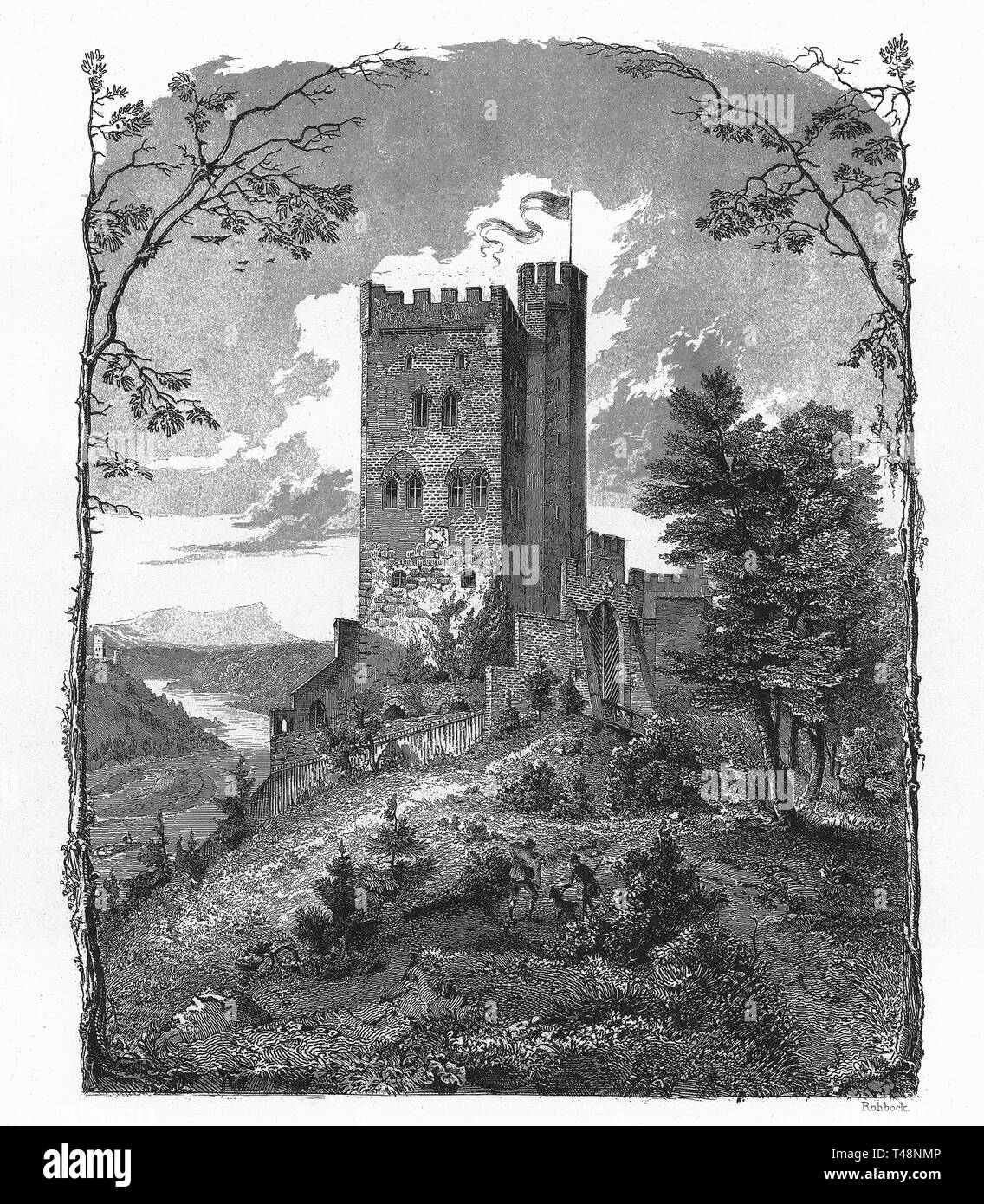 Burg Schwaneck, Grosshesselohe, drawing and engraving by Ludwig Rohbock, steel engraving from 1840-1854, Kingdom of Bavaria, Germany Stock Photo