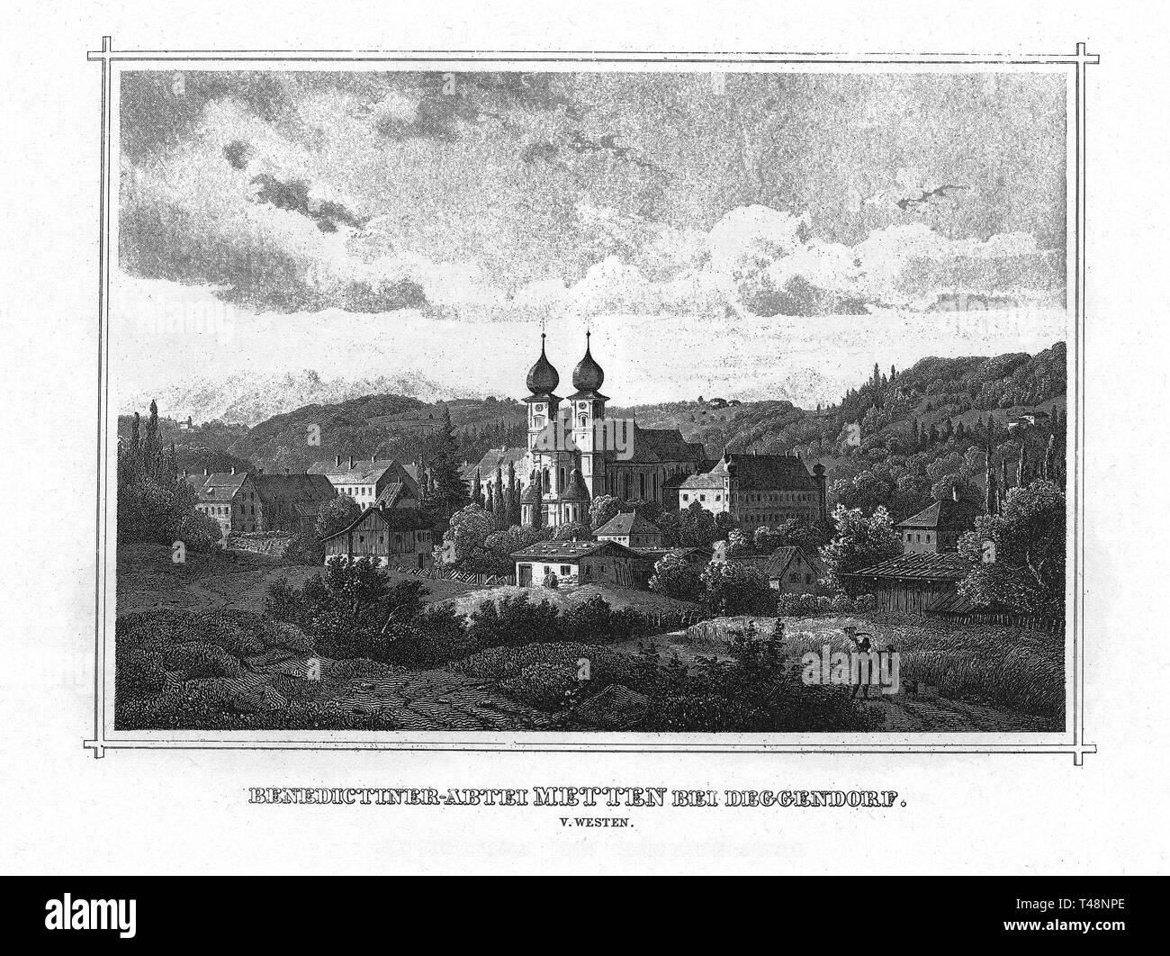Benedictine abbey Metten an der Donau, drawing and engraving from the west, steel engraving from 1840-1854, Kingdom of Bavaria, Germany Stock Photo