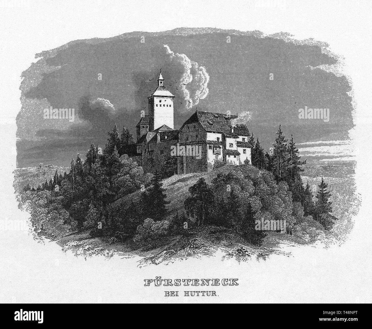 Fursteneck Castle, Perlesreut, drawing by Seeberger, steel engraving by J. Poppel, 1840-1854, Kingdom of Bavaria, Germany Stock Photo