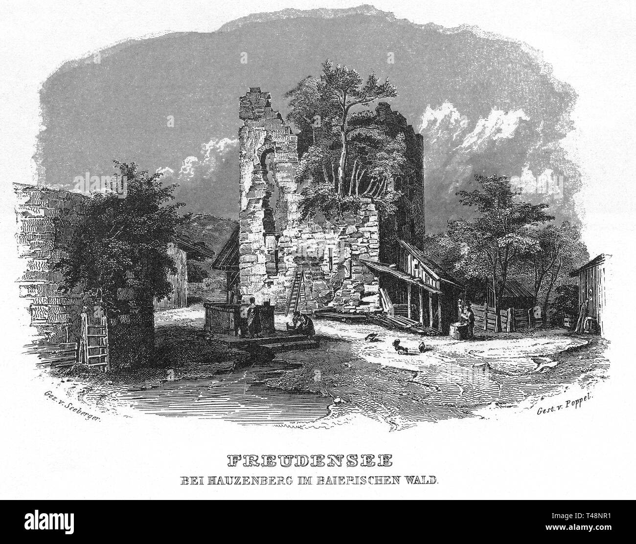 Ruin Freudensee, Hauzenberg, drawing by Seeberger, steel engraving by J. Poppel, 1840-1854, Kingdom of Bavaria, Germany Stock Photo