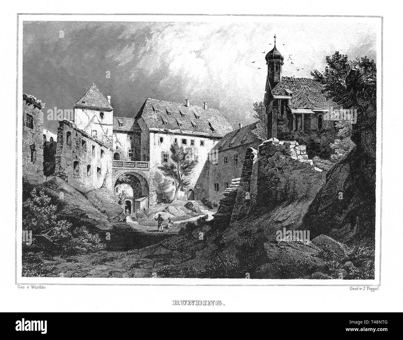 Runding, Upper Palatinate, drawing by Wurthle, steel engraving by J. Poppel, 1840-54, Kingdom of Bavaria, Germany Stock Photo
